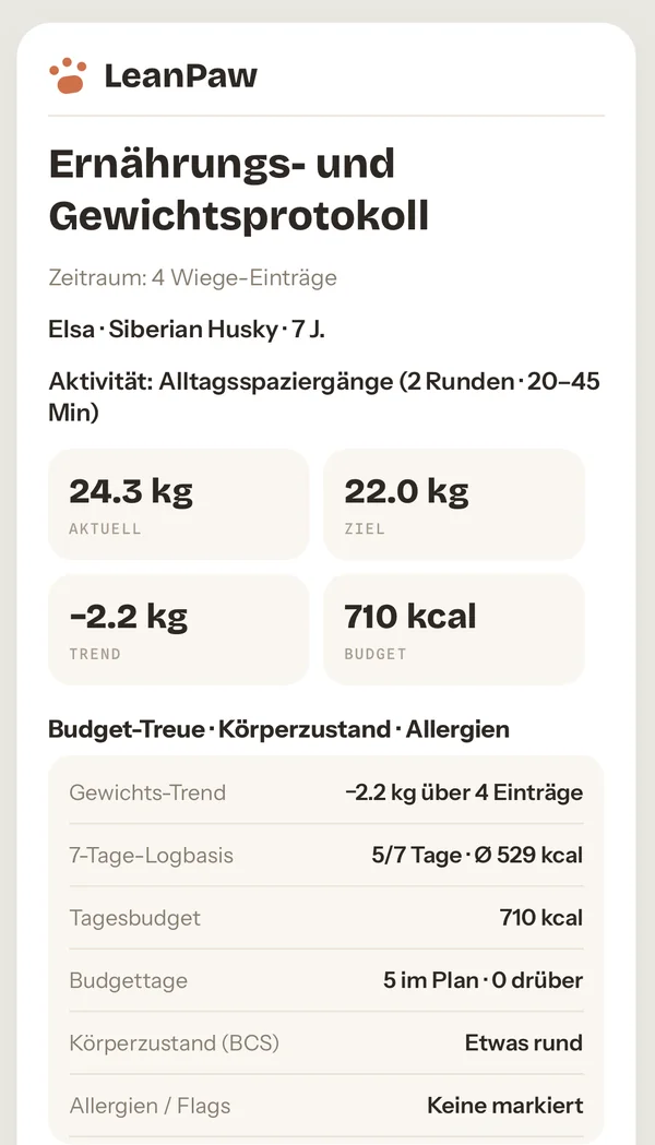 Tierarzt-Report in der App: Ernährungs- und Gewichtsprotokoll für Elsa mit aktuellem Gewicht, Ziel, Trend, Tagesbudget und Budget-Treue.